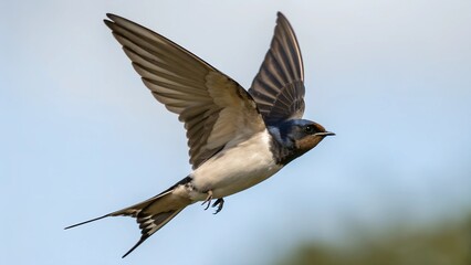 A Barn Swallow soars through the air against a soft