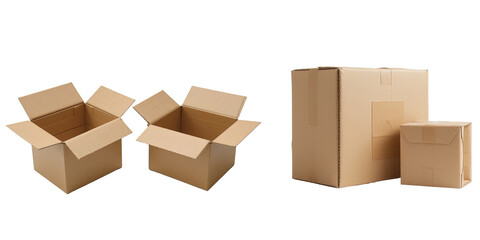 Fototapeta premium Two open and closed cardboard boxes with flaps spread out on a white background