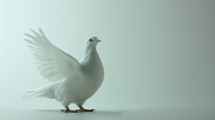 Fototapeta premium A beautiful white dove with outstretched wings. The dove is standing on a white surface against a pale green background.