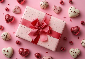 A vibrant red gift box with a bold ribbon sits elegantly on a pastel pink background, celebrating the joy of giving and love.