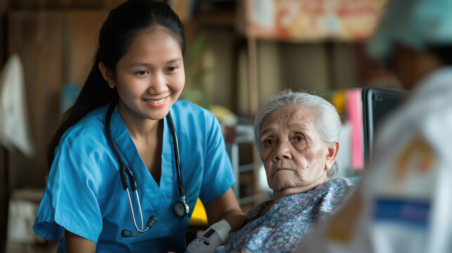 young caregiver in blue uniform smiles while assisting elderly woman