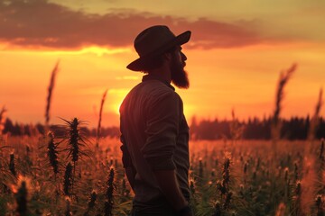 Silhouette of a man in a cannabis field bathed in sunlight, with a hemp farm in the background