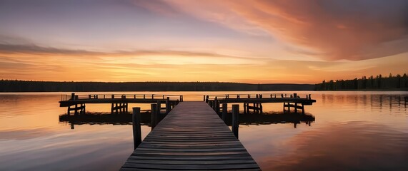 Obraz premium Rustic wooden pier extending into a serene lake the landscape reflecting sunset colors inviting peaceful moments and connections with nature