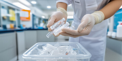 Thai caregiver holding removed gloves and medical vials in lab