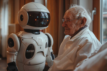 A caring robot. The nursing home of the future. Hospital staff work,care for the elderly and sick people