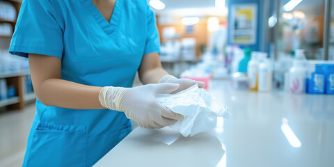 Healthcare worker in blue scrubs preparing face mask with care