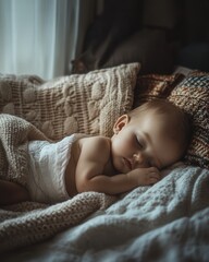 baby sleeping on a comfortable bed, wearing a diaper, with soft blankets and pillows adding warmth and comfort to the scene.