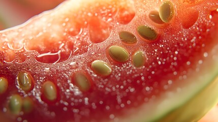 Macro Close-up of Fresh Red Watermelon Slice with Seeds and Water Droplets