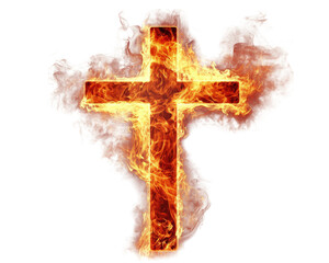 Fiery cross symbolizing faith and spirituality, surrounded by intense flames and smoke, creating dramatic and powerful visual impact