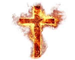 Fiery cross symbolizing faith and spirituality, surrounded by intense flames and smoke, creating dramatic and powerful visual impact