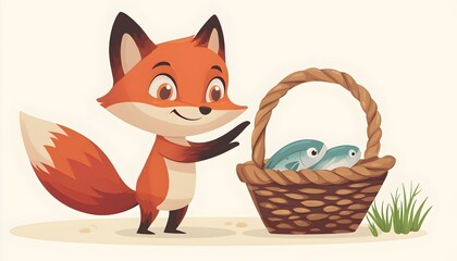 Cartoon Fox with Exaggerated Expressions Stealing Fish from a Basket
