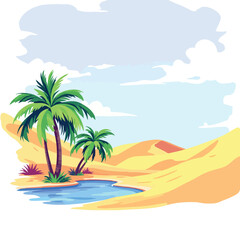 Vsai palm trees growing near oasis in desert landscape