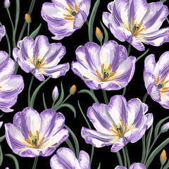 A seamless botanical pattern of purple flowers on a black background for any surface. 