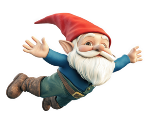 playful garden gnome with big red hat and joyful expression, arms outstretched as if flying. This whimsical character adds charm to any outdoor space