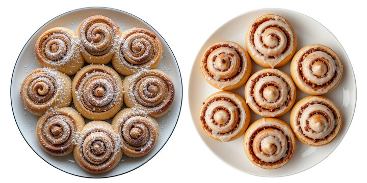 A plate of cinnamon rolls dusted with powdered sugar on a white surface