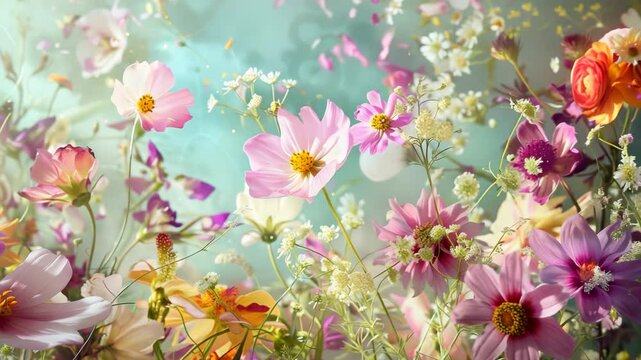 Whimsical Wildflower Waltz. A Symphony of Pink Cosmos and Orange Roses Dancing on a Dreamy Pastel Canvas. A Vivid Celebration of Blooming Cosmos and Roses Basking in the Ethereal Light of Serenity.