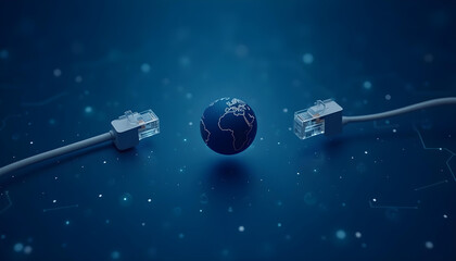 Global Connectivity Concept – Floating Globe with Ethernet Cables, Deep Blue Network Background, Futuristic Technology Symbolizing Internet, Data Exchange, and Digital Communication Innovation