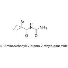 N-(Aminocarbonyl)-2-bromo2-ethylbutanamide skeletal structure.Amide compound schematic illustration. Simple diagram, chemical structure.