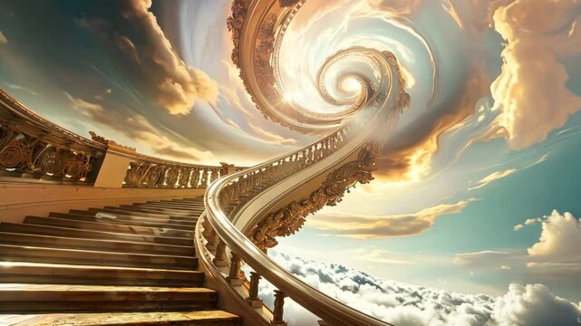 Cloud Stairway Leading To Heavenly Light. gates of Paradise, meeting God, symbol of Christianity. Amazing view with stairs to another world, fantasy scene with shining sphere of light.