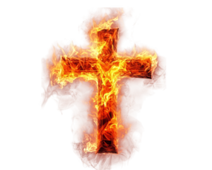 Cross on fire, symbolizing passion and intensity, surrounded by flames and smoke, creating dramatic and powerful visual impact