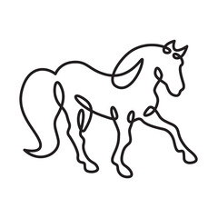 Continuous one line drawing horse.Beautiful silhouette of a horse.Line isolated minimal logo.Line art.Not AI.
