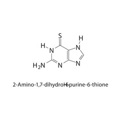 2-Amino-1,7-dihydro-6Hpurine-6-thione skeletal structure.Purine derivative compound schematic illustration. Simple diagram, chemical structure.
