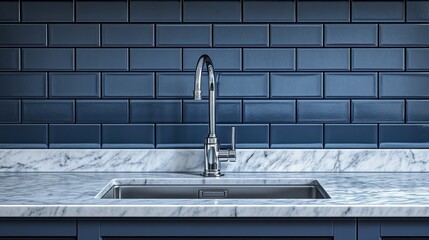Modern kitchen sink with navy blue tiles and marble countertop