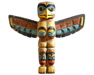 Indigenous totem pole featuring stylized eagle with vibrant colors and intricate carvings, symbolizing cultural heritage and spirituality