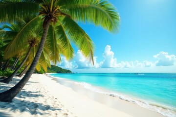 Obraz premium Turquoise water laps a white sand beach; swaying palms create shade , leaves, coconut