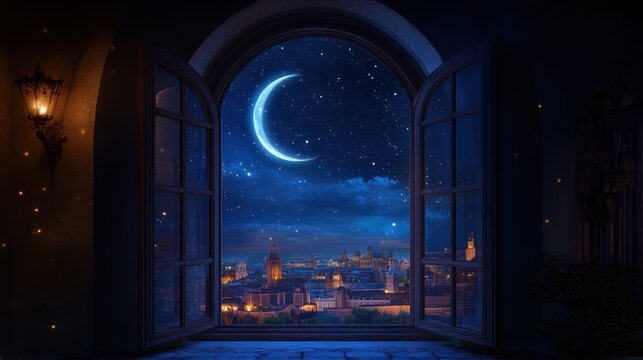 An arched window at night with a crescent moon and stars, a fantasy cityscape outside the window