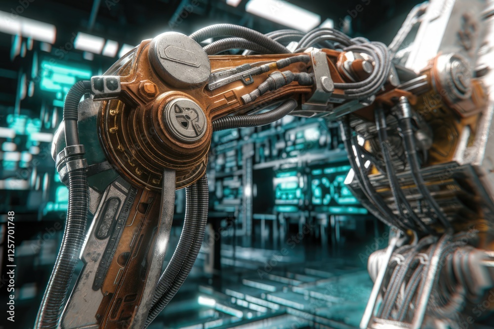 Poster a detailed close-up of a rusty, intricate robotic arm set against a futuristic, teal-lit control pan