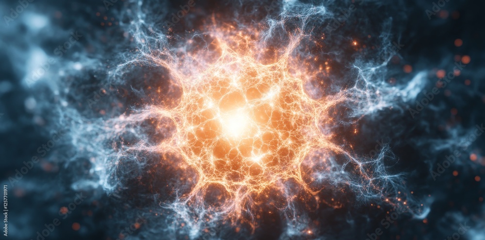 Poster abstract visualization of big data and cyber security technology interconnected, featuring data tran