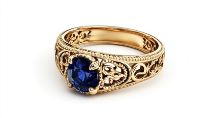 Beautiful antique gold ring with a sapphire, filigree patterns, intricate designs, 3D rendering, high resolution, high quality, white background,