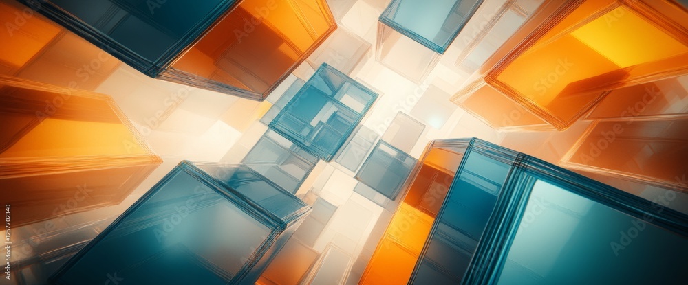 Poster a digital artwork featuring a random pattern grid of colorful 3d cubes with glowing segments on a te