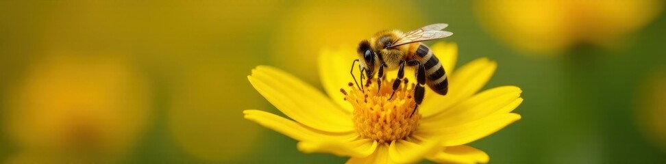 A honeybee gathers pollen from a bright yellow flower , petal, insect, macro