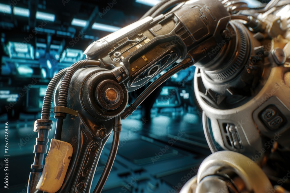 Poster close-up of a weathered robotic arm, intricate details showcasing advanced technology in a futuristi