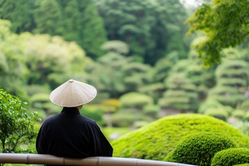 Contemplative Japanese Man Gazing at Garden Greenery in Quiet Zen Moment
