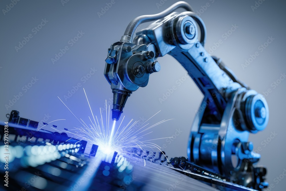 Poster a robotic arm precisely welds metal, sparks illuminating the scene, showcasing advanced automation i