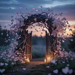 Whimsical Heart Archway Surrounded by Candles and Blossoms at Dusk in a Misty Meadow with a Decorative Pathway and Soft Glow with Tranquil Atmosphere and Dreamy Scenery Inspiration and Beauty