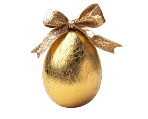 shiny golden Easter egg wrapped in foil, adorned with decorative bow, symbolizes celebration and joy during festive season