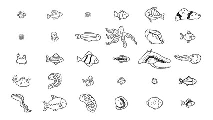 Obraz premium Undersea Life Vector Doodle Isolated Set with Fishes,Octopus,Eels,Jellyfishes