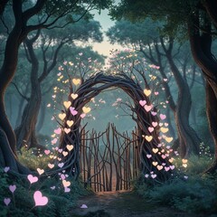 Whimsical Heart-Flower Archway Surrounded by Mystical Forest with Soft Glowing Lights
