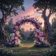 Whimsical Heart-Shaped Arch Under A Colorful Sky In A Serene Forest Clearing. An Impressionistic View Of The Landscape. Romantic And Tranquil. Lush And Colorful Nature Scene. With A Whimsical