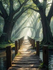 Fototapeta premium Cozy Wooden Bridge Over a Countryside Stream
