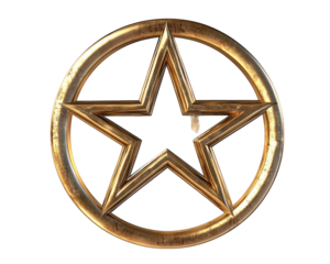 Golden pentacle symbol with five pointed star inside circular frame, representing mystical and sacred meanings