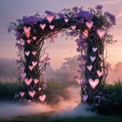 Whimsical Heart-Shaped Archway Surrounded By Ethereal Fog And Purple Flowers At Dawn Nature Scene Design Elements Landscaping Design Ideas Decorative Archway Garden Decor Ideas Romantic Setting With