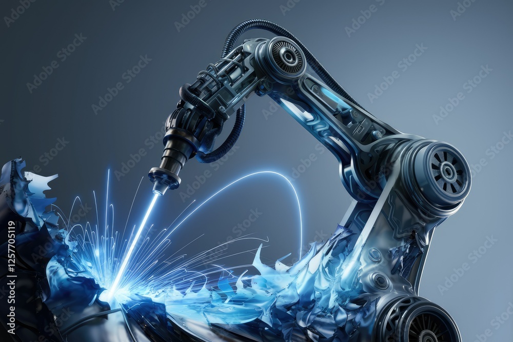 Poster A robotic arm uses welding technology to precisely join metallic components, showcasing advanced automation in manufacturing.