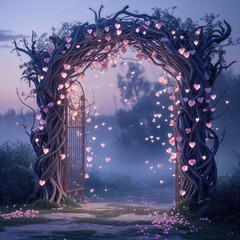 Whimsical Heart-Shaped Archway Through Misty Woods at Dusk And Dawn With Floral Accents And Glowing Lights As A Pathway Through Nature And Romantic Scenery Under A Peaceful Tranquil Atmosphere and