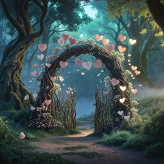Whimsical Heart-Shaped Floral Archway Surrounded by Lush Green Forest at Twilight