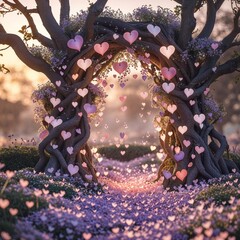 Whimsical Heart-Shaped Flower Archway at Sunset in a Lush Garden